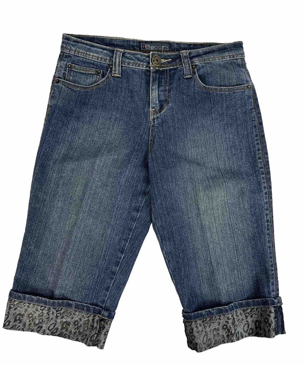 Baccini Womens Leopard Cuffed Capri Jeans Med Wash Size 8 P